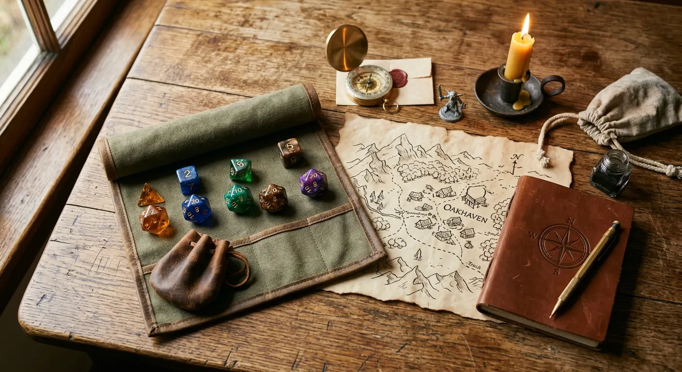 Affordable tabletop RPG accessories and dice on a game table