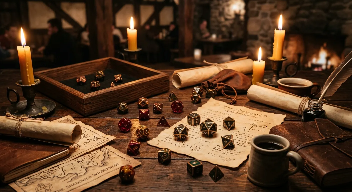 Polyhedral dice on a candlelit walnut tavern table with parchment scrolls